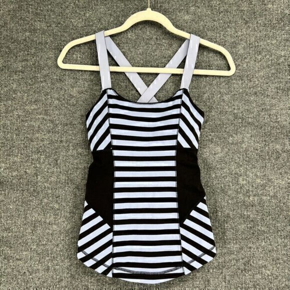 Lululemon Work It Out Tank Top Womens 4 Blue Black Sea Stripe Built In Bra